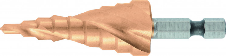 1/4"-3/4" Step drill for metal, 9 steps, spiral profile, hex shank // Denzel